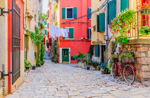 Rovinj, Croatia. Stone paved street inside the old town. Istria.