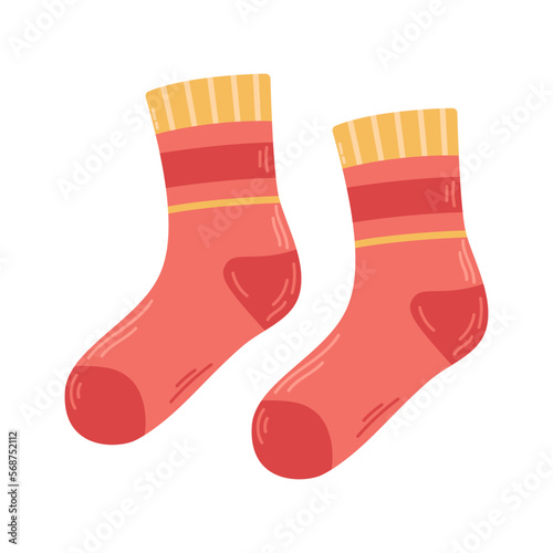 Vector cozy pair of red and yellow socks with ornaments. Knitted warm clothes. Woolen warm socks.