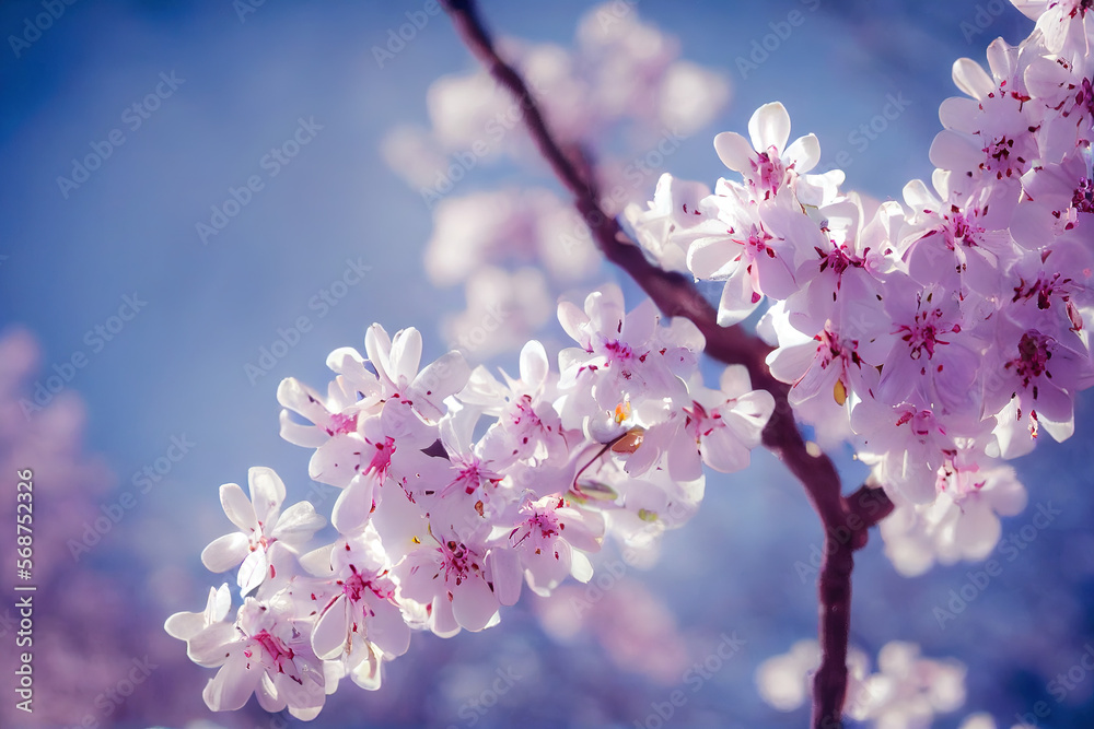 Pink cherry blossom branch, blurred blue sky. Generative AI. Pink cherry blossom branch, blurred blue sky. Generative AI.
