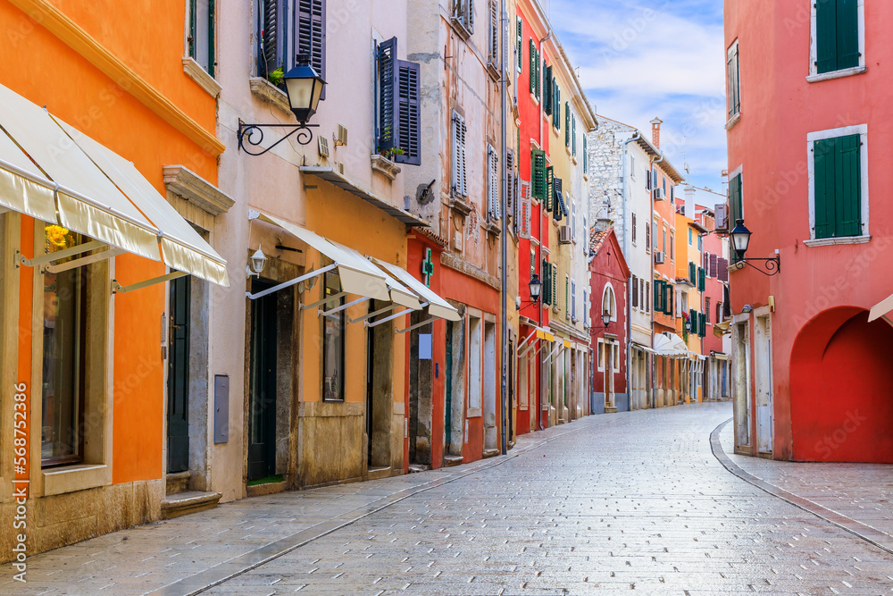 Rovinj, Croatia. Stone paved street inside the old town. Istria.