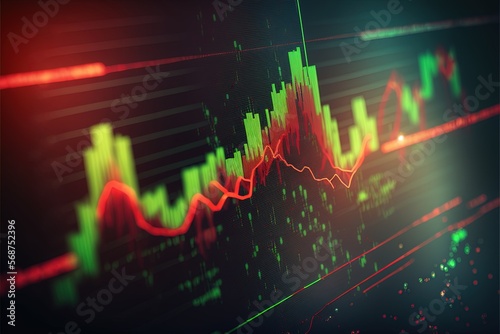 Technical price graph and indicator, red and green candlestick chart on blue theme screen, market volatility, up and down trend. Stock trading, crypto currency background. by ai generative photo