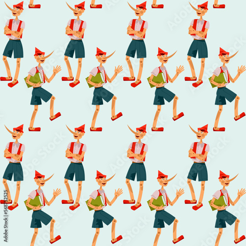 Fairy tale wooden boy with a long nose. Pinocchio. Seamless background pattern
