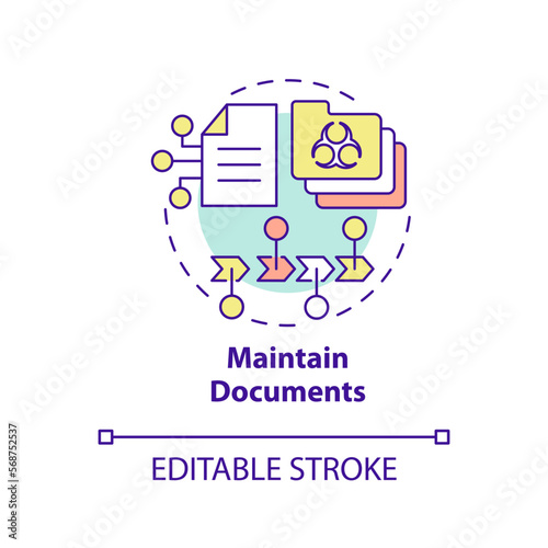 Maintain documents concept icon. Recording process. HACCP principle abstract idea thin line illustration. Isolated outline drawing. Editable stroke. Arial, Myriad Pro-Bold fonts used