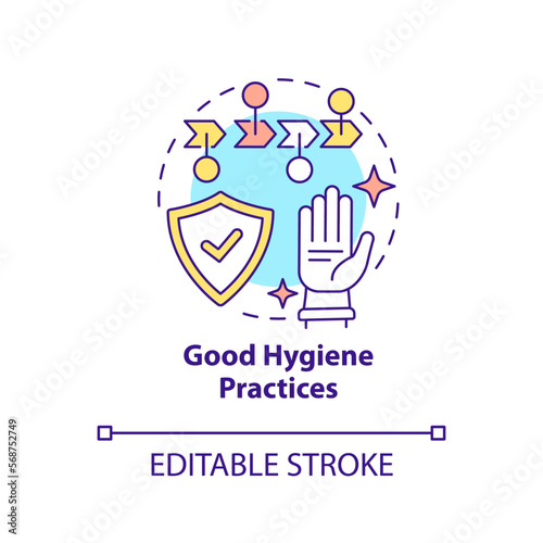 Good hygiene practices concept icon. Clean manufacture. Planning approach to HACCP abstract idea thin line illustration. Isolated outline drawing. Editable stroke. Arial, Myriad Pro-Bold fonts used