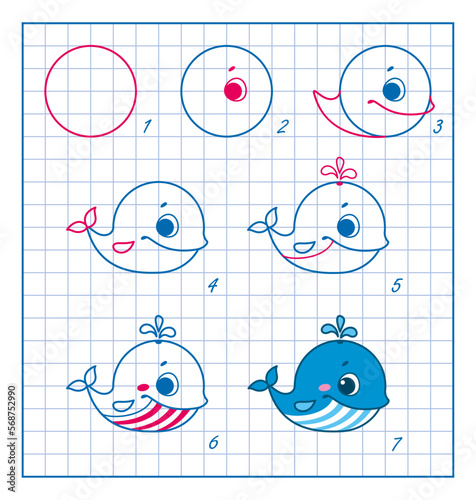How to draw a whale. Step by step drawing lesson for kids. Cartoon coloring page