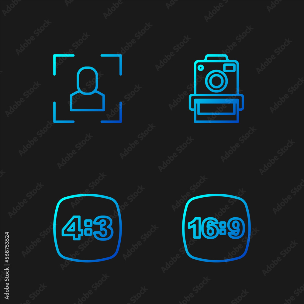 Set line Photo frame 16, 4, Camera focus line and camera. Gradient color icons. Vector Set line Photo frame 16, 4, Camera focus line and camera. Gradient color icons. Vector