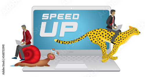 Race between cheetah and tired snail, with riding businessmen. Laptop in background. Isolatedon white. Vector illustration. photo