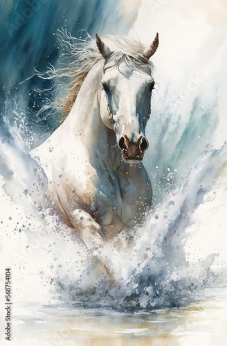  White horse, abstract watercolor. Generative AI. © ART IS AN EXPLOSION.