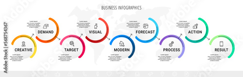Vector business infographics template. Timeline with 9 circle, icon, arrow, steps, nine number options. Can be used for workflow layout, diagram, chart, banner, web design. Modern illustration