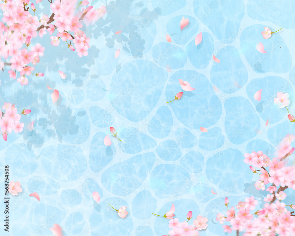 Fototapeta premium 透き通った水面に美しく華やかな桜の花と花びら舞い散る春-背景素材イラスト
