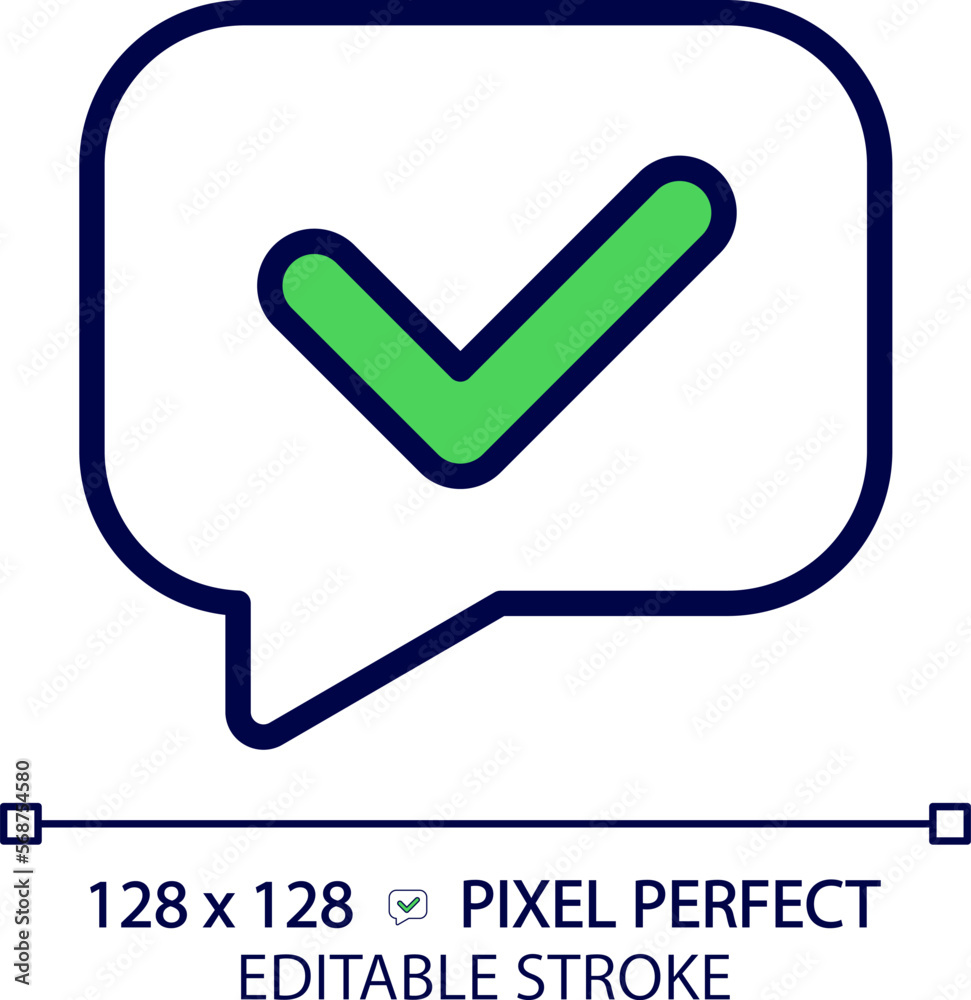 Speech bubble with tick pixel perfect RGB color icon. Share approved information. Correct communication. Message in chat. Isolated vector illustration. Simple filled line drawing. Editable stroke Speech bubble with tick pixel perfect RGB color icon. Share approved information. Correct communication. Message in chat. Isolated vector illustration. Simple filled line drawing. Editable stroke
