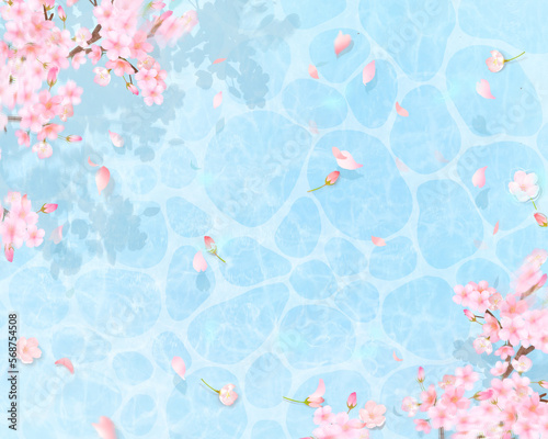 透き通った水面に美しく華やかな桜の花と花びら舞い散る春-背景素材イラスト