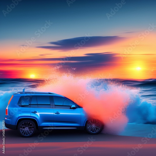 blue SUV with waves and sunset in the background - generative ai © unalcreative