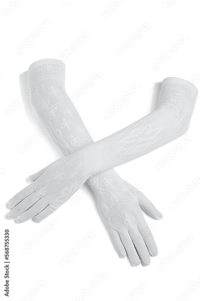 Obraz premium Close-up shot of long white wedding gloves. Classic translucent gloves are made of elastic lace fabric. Long gloves are isolated on white background. Front view.