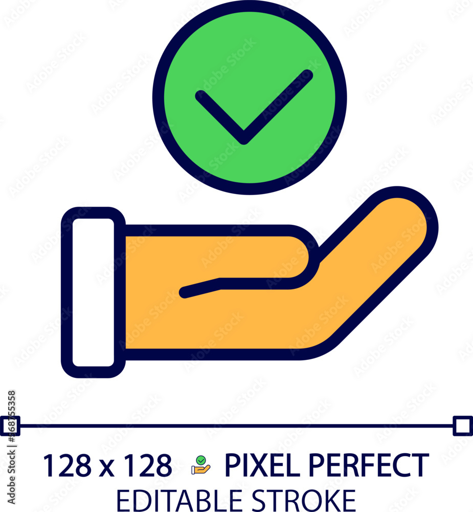Hand with check mark pixel perfect RGB color icon. Palm holding tick. Making right decision. Choice approvement. Isolated vector illustration. Simple filled line drawing. Editable stroke Hand with check mark pixel perfect RGB color icon. Palm holding tick. Making right decision. Choice approvement. Isolated vector illustration. Simple filled line drawing. Editable stroke
