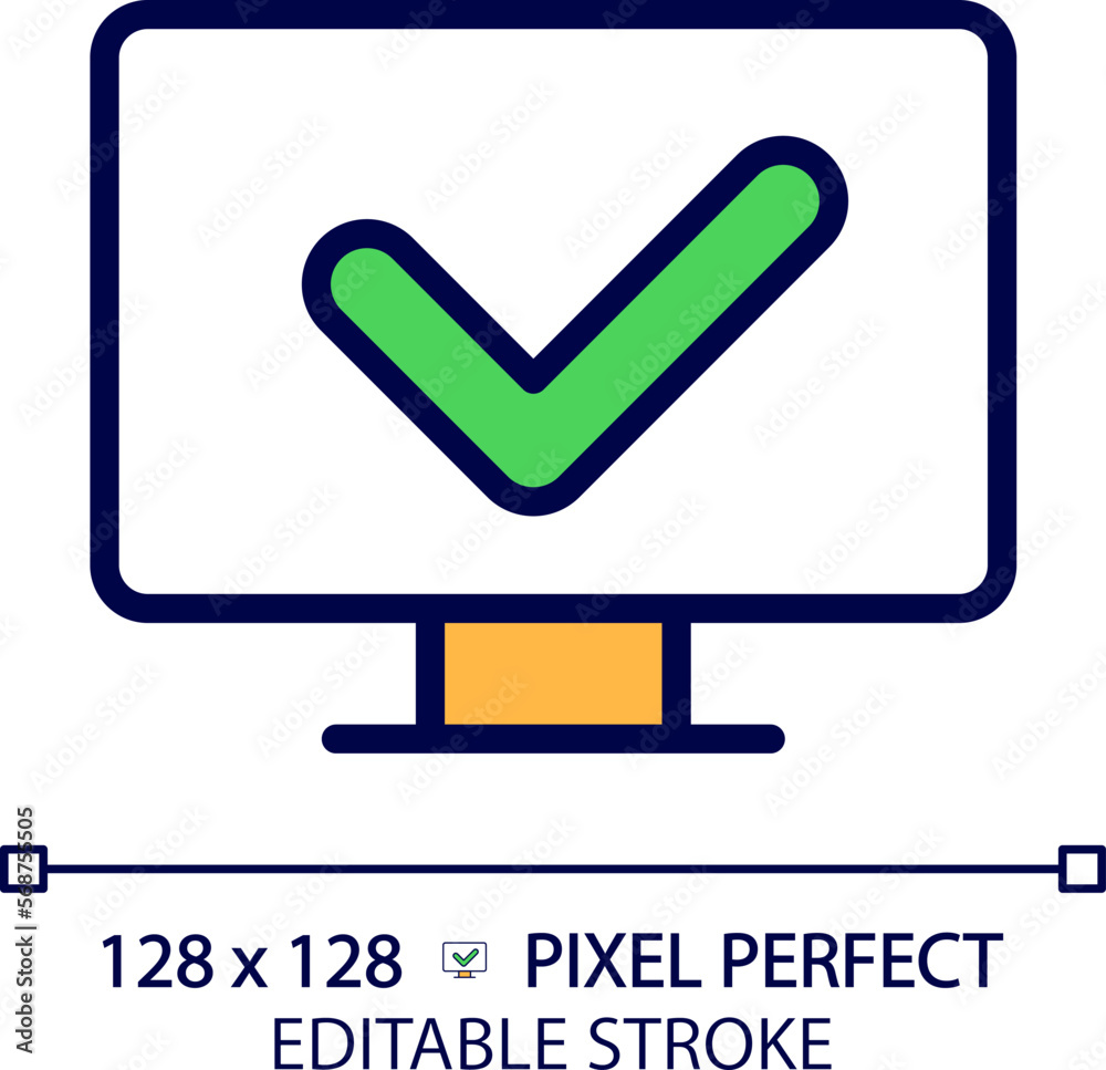 Computer with check mark pixel perfect RGB color icon. Safe access to work station. Install anti malware software. Isolated vector illustration. Simple filled line drawing. Editable stroke Computer with check mark pixel perfect RGB color icon. Safe access to work station. Install anti malware software. Isolated vector illustration. Simple filled line drawing. Editable stroke