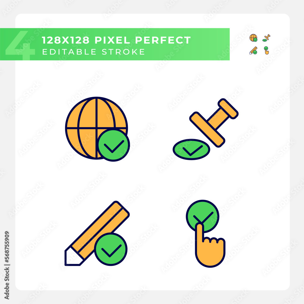 Checkmarks for data approvement pixel perfect RGB color icons set. International communication work. Isolated vector illustrations. Simple filled line drawings collection. Editable stroke