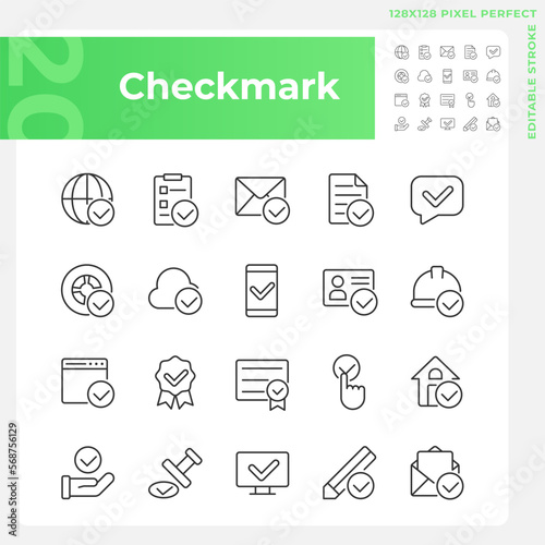 Checkmark pixel perfect linear icons set. Information validation signs. Vote and choise. Marks for correct data. Customizable thin line symbols. Isolated vector outline illustrations. Editable stroke