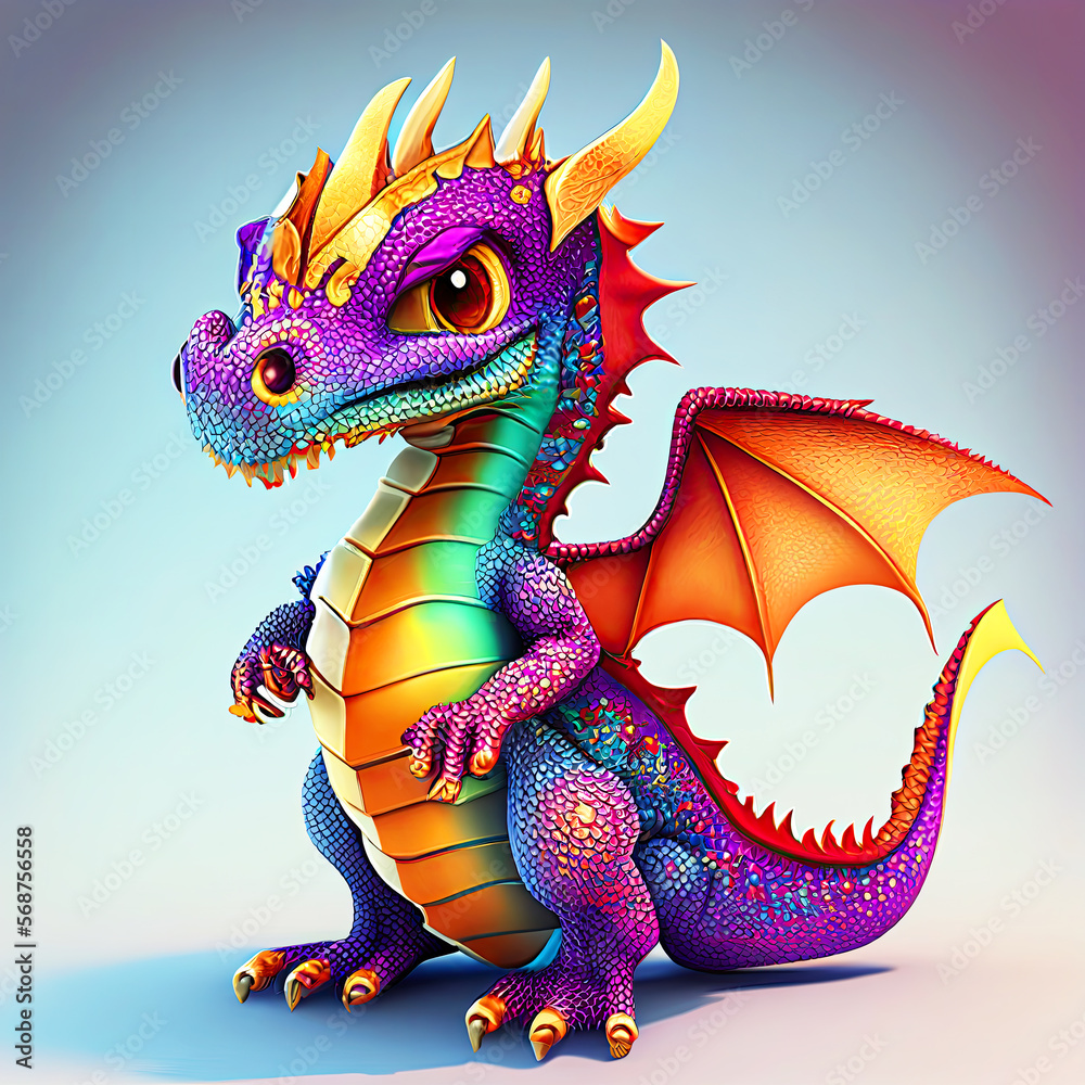 Fototapeta premium Adorable and cute dragon lizard Illustation, children-friendly cartoon in fantasy style, Generative AI