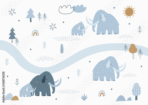 Cute cartoon Mammothn - vector print scandinavian style. Decor for nursery, newborn. Woolly mammotn. Poster, carpet, card design