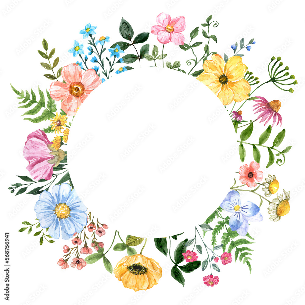 Round wildflower frame. Watercolor floral wreath made of summer