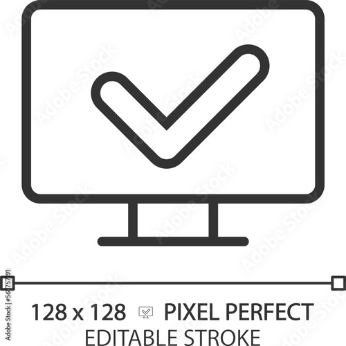 Computer with check mark pixel perfect linear icon. Correct work of PC. Install anti malware software. Thin line illustration. Contour symbol. Vector outline drawing. Editable stroke