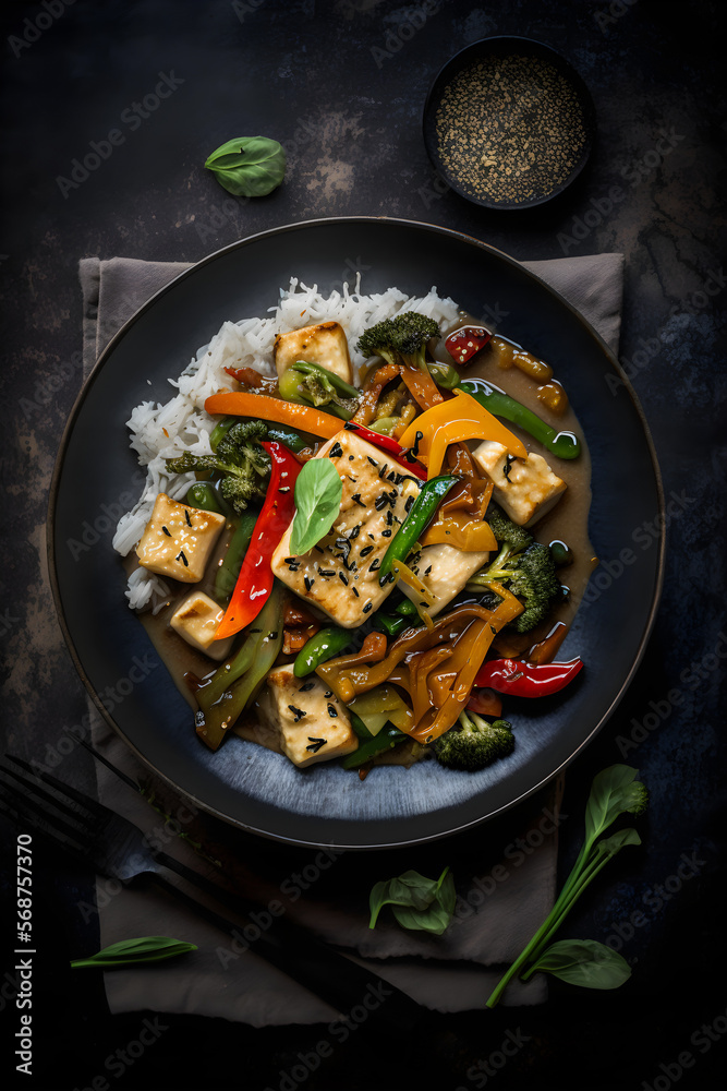 Tasty tofu stir fry with veggies, crispy tofu & fresh cilantro. Perfect vegan meal for healthy eating. Ideal for food blogs & cookbooks. Entice your audience to try this flavorful dish