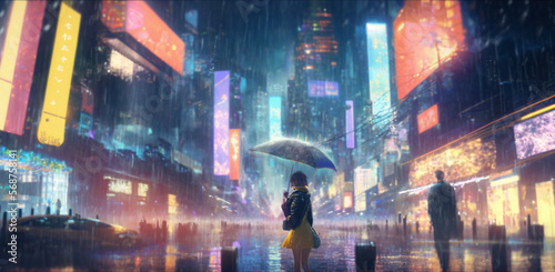 An urban nightscape in the a metro city with a girl holding an umbrella
