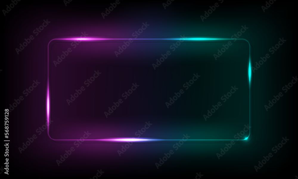 Neon round rectangle frame with glow purple, blue, and teal gradient light effect on black background. EPS10 illustration vector. Neon round rectangle frame with glow purple, blue, and teal gradient light effect on black background. EPS10 illustration vector.