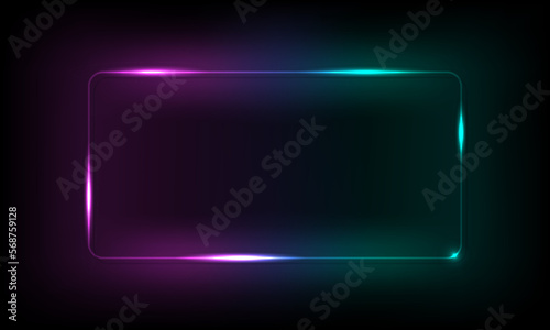 Neon round rectangle frame with glow purple, blue, and teal gradient light effect on black background. EPS10 illustration vector.