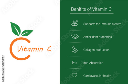 vitamin c health benefits, boosts immunity, antioxidants, collagen production, iron absorption, cardiovascular health, vector illustration
