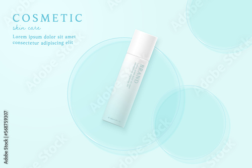 Skin care product and package ads template on blue background .