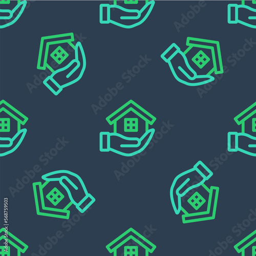 Line House in hand icon isolated seamless pattern on blue background. Insurance concept. Security, safety, protection, protect concept. Vector