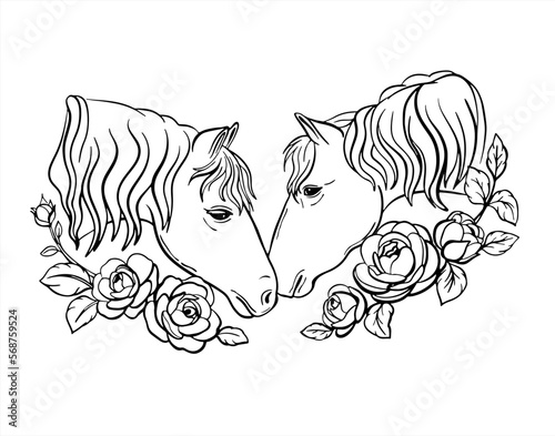 Loving couple of horses with rose flowers frame. hand drawn vector linen illustration for logotype, coloring book, greeting card. 