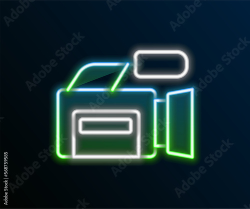 Glowing neon line Cinema camera icon isolated on black background. Video camera. Movie sign. Film projector. Colorful outline concept. Vector