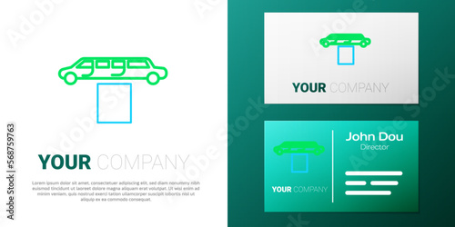 Line Luxury limousine car and carpet icon isolated on white background. For world premiere celebrities and guests poster. Colorful outline concept. Vector