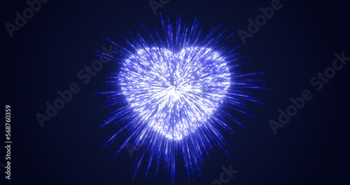 Abstract blue fireworks festive fireworks for valentine's day in the shape of a heart from glowing particles and magical energy lines. Abstract background