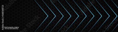 3D black techno abstract background overlap layer on dark space with blue arrow effect decoration. Modern graphic design element cutout style concept for banner, flyer, card, or brochure cover