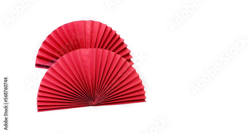 Red circle handmade paper fans on white background. Chinese New Year 2023 background