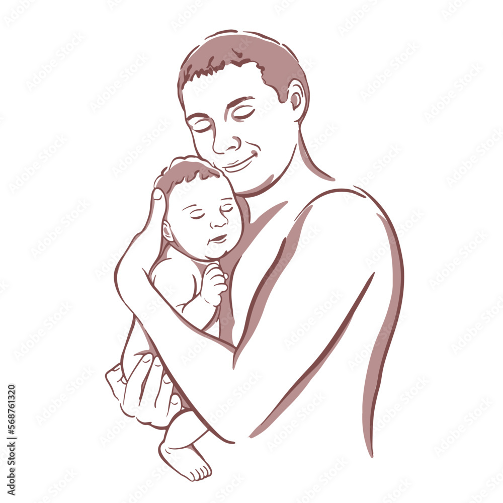 Father with a child in his arms - daughter, son. Father's Day. Newborn. happy family. A man with a baby. Incomplete family, divorce. Vector illustration