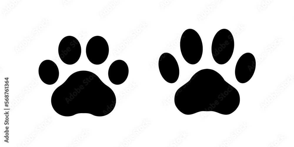 Paw print dog and cat. Black footprint of pet isolated on white background. Pets paws shape. Animal pawprint dogs, cats. Cute silhouette paw for design prints. Outline steps. Vector illustration - obrazy, fototapety, plakaty 