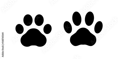 Paw print dog and cat. Black footprint of pet isolated on white background. Pets paws shape. Animal pawprint dogs, cats. Cute silhouette paw for design prints. Outline steps. Vector illustration