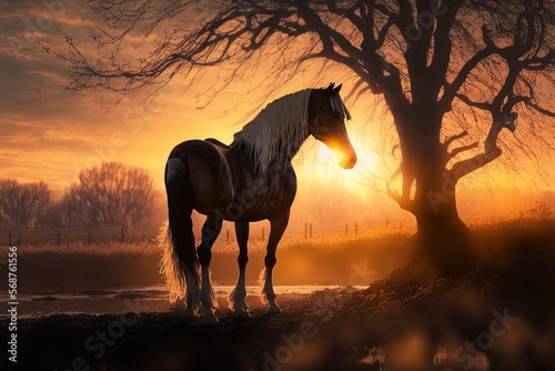 a horse, some trees, and a gorgeous sunset Generative AI photo