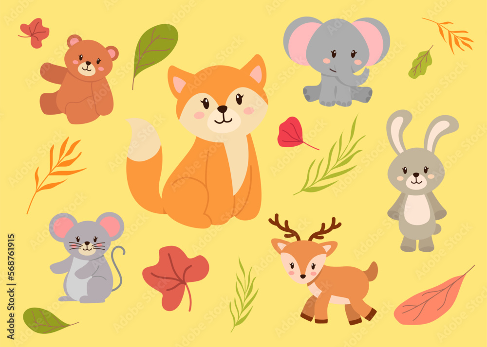 Bundle of isolated cute animal cartoon characters flat  vector illustration