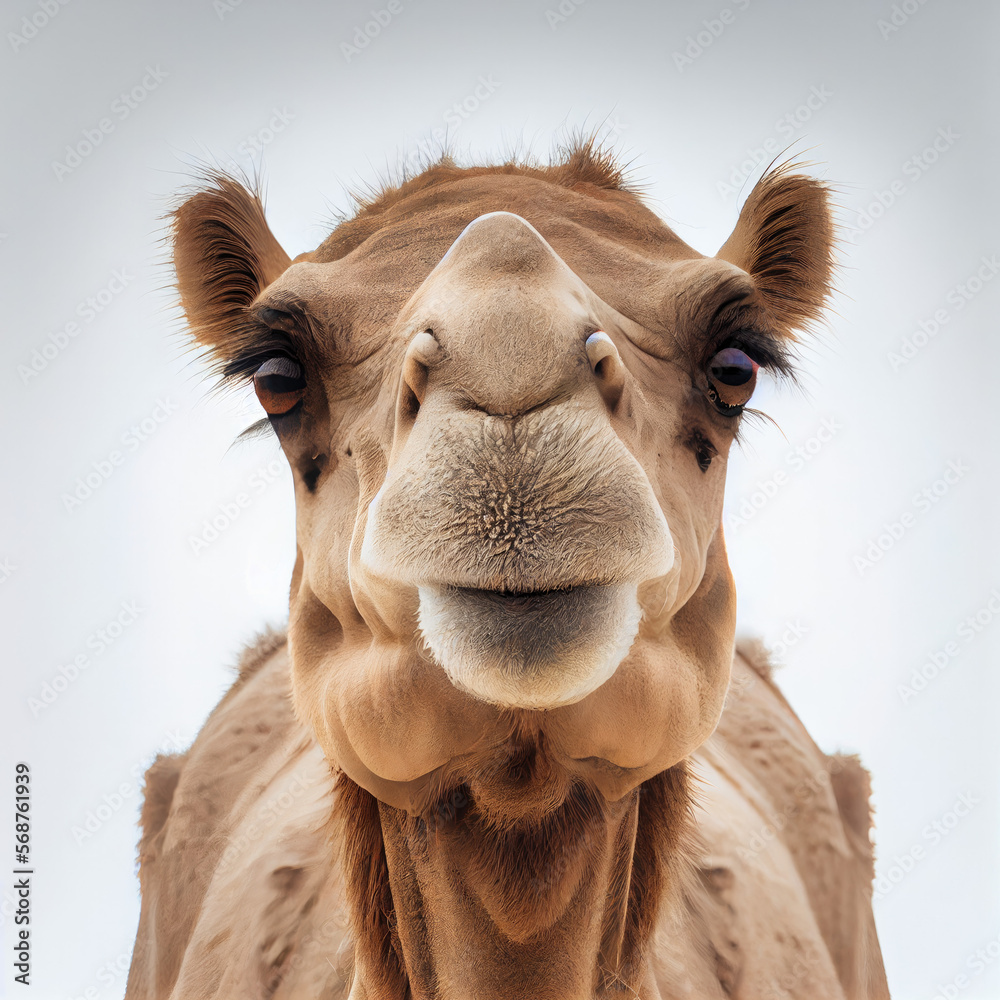 Fototapeta premium Adult camel portrait isolated on a white background. Generative AI.