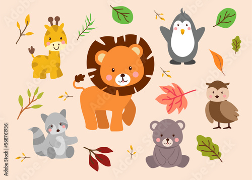 Bundle of isolated cute animal cartoon characters flat vector illustration