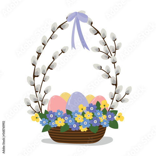 Easter basket with pussy willow. Vector illustration for greeting card, poster, banner