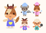 Bundle of isolated cute animal cooking cartoon characters flat