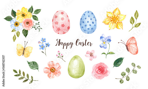 Print op canvas Happy easter set of hand-painted watercolor elements