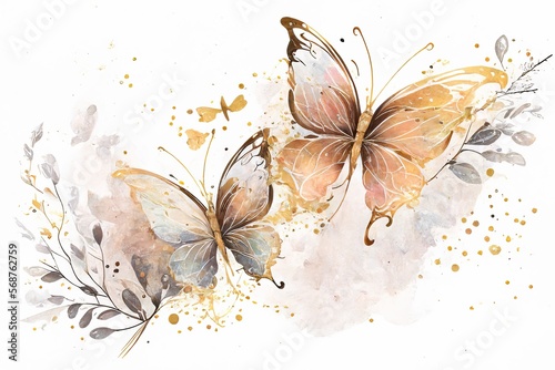 on a white background watercolor drawing of several butterflies with gold paint Generative AI
